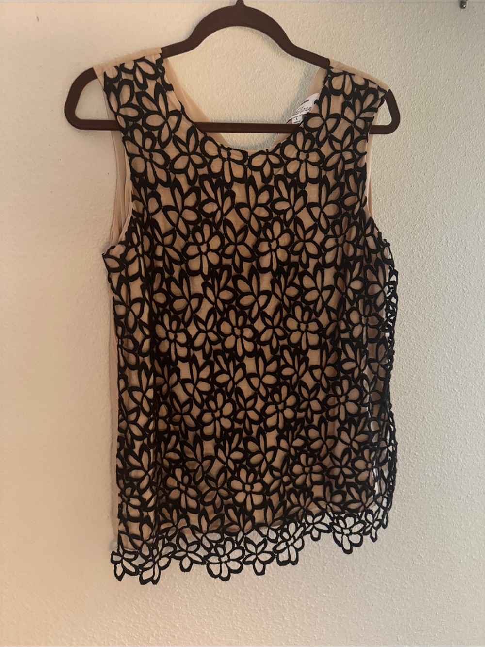 Sleeveless Black Floral Lace Overlay Top - Beige Lining